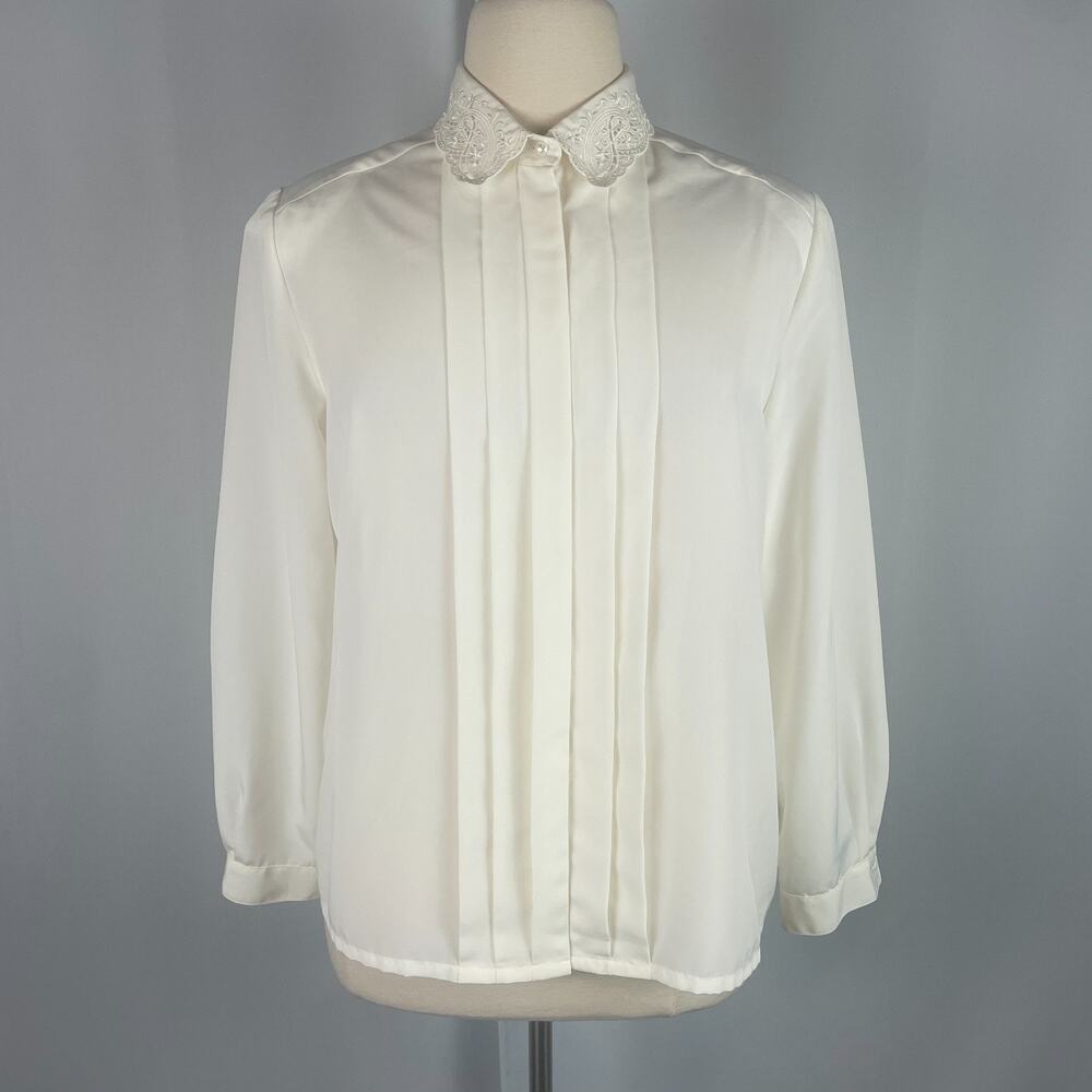 Vintage Blouse Top Size 14 White Pleated Lace Collar Minimal Academia Twee 90s